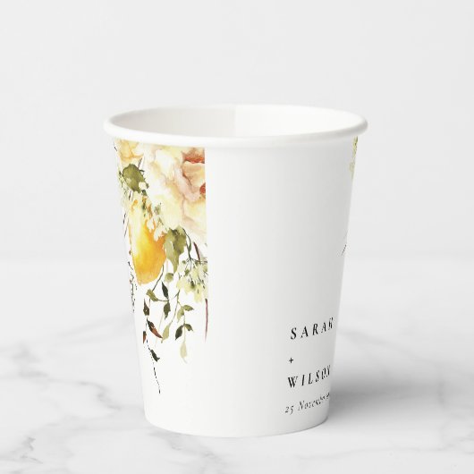 Boho citroen geel Waterverf bloemenbruiloft Papieren Bekers (Links)