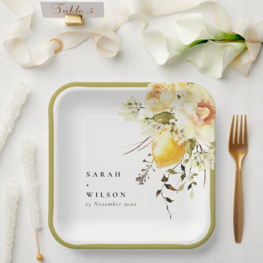 Boho citroen geel Waterverf bloemenbruiloft Papieren Bordje (Huwelijk)