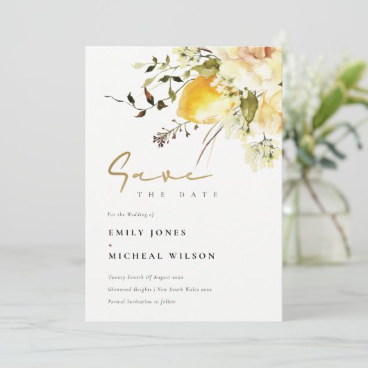 Boho citroen geel Waterverf bloemenbruiloft Save The Date (Staand voorkant)