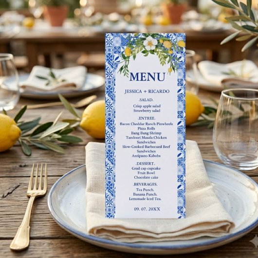 Boho Citroenblauwe Mediterraanse tegel Italiaanse Menu
