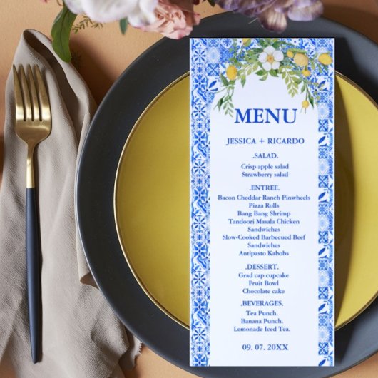 Boho Citroenblauwe Mediterraanse tegel Italiaanse Menu