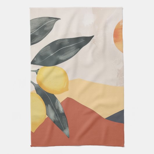 Boho citroentak met zon minimalistische abstracte theedoek (Verticaal)