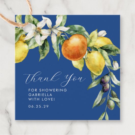 Boho Citrus Blauwe Bruiloft Dank Je Bedankjes Labels (Voorkant)
