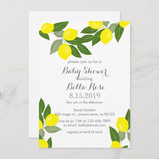 Boho Citrus Lemon Baby Shower-uitnodigingen Kaart (Voorkant / Achterkant)