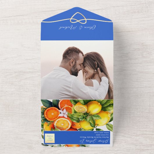 Boho Citrus Lemon Sinaasappel Bruiloft All In One Uitnodiging (Buitenkant)