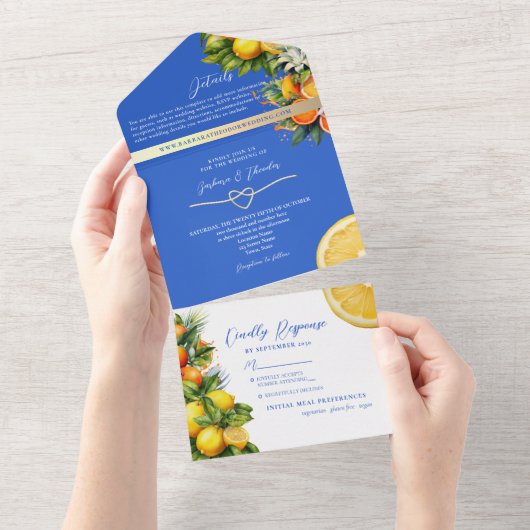 Boho Citrus Lemon Sinaasappel Bruiloft All In One Uitnodiging (Afscheurbaar)