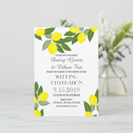 Boho Citrus Lemon Wedding Invitations Kaart (Staand voorkant)