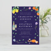 Boho Citrus & Wine Navy Blue Wedding Kaart (Staand voorkant)