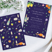 Boho Citrus & Wine Navy Blue Wedding Kaart