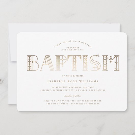 Boho Classy Goud/Wit Typografie Elegant Doop Kaart (Voorkant)
