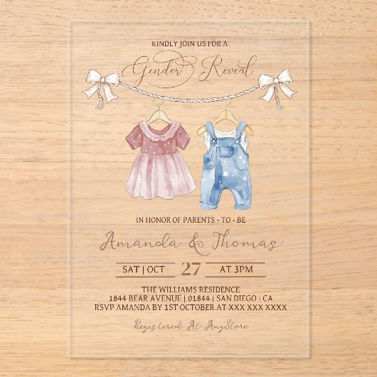 Boho Clothes Gender Reveal Acryl Uitnodigingen (Voorkant)