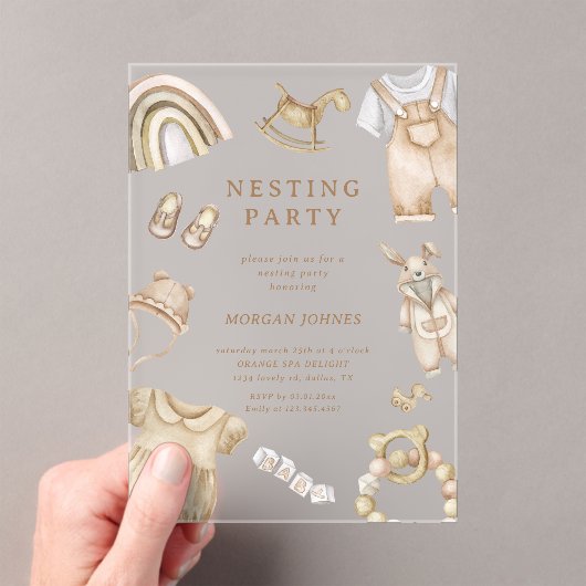 Boho Clothes Nursery Nesting Party Acryl Uitnodigingen (Insitu (Draagbaar))
