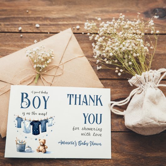Boho Clothesline Blue Boy Baby shower Bedankkaart