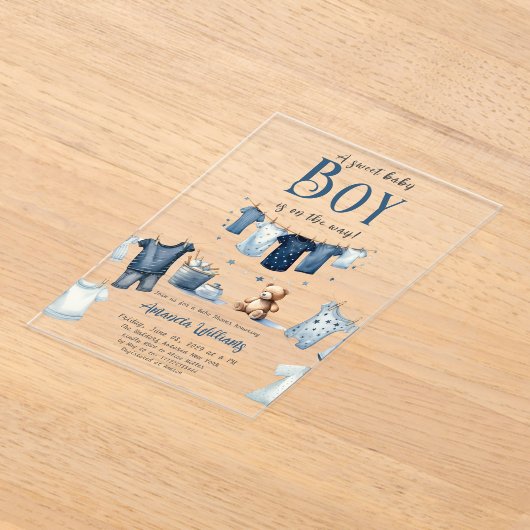 Boho Clothesline Blue Sweet Boy Baby shower Acryl Uitnodigingen (Laagn)