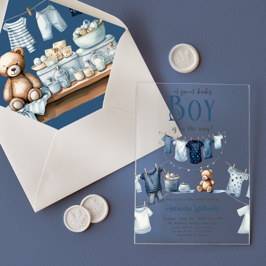 Boho Clothesline Blue Sweet Boy Baby shower Acryl Uitnodigingen