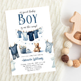 Boho Clothesline Blue Sweet Boy Baby shower Kaart