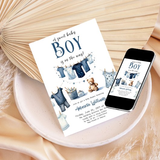 Boho Clothesline Blue Sweet Boy Baby shower Kaart