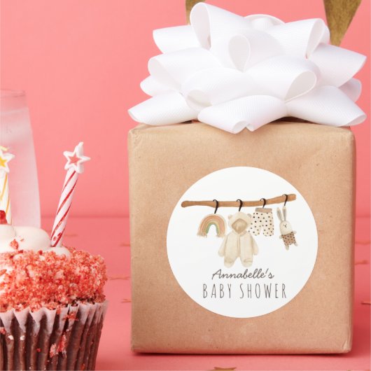 Boho Clothesline Gender Neutraal Baby shower Ronde Sticker (Feest)