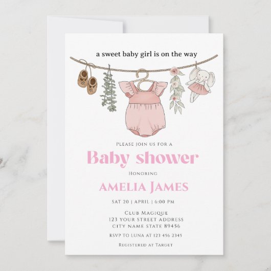 Boho Clothesline Girl Babykleding Baby shower Kaart (Voorkant)