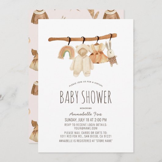 Boho Clothesline Girl Virtual Baby shower Kaart (Voorkant / Achterkant)