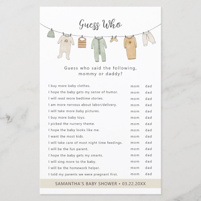 Boho Clothesline Guess Wie baby shower spel (Voorkant)