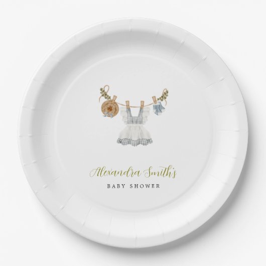 Boho Clothesline Meisje blauw en wit waterverf Papieren Bordje (Voorkant)