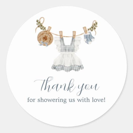 Boho Clothesline Meisje blauw en wit waterverf Ronde Sticker (Voorkant)