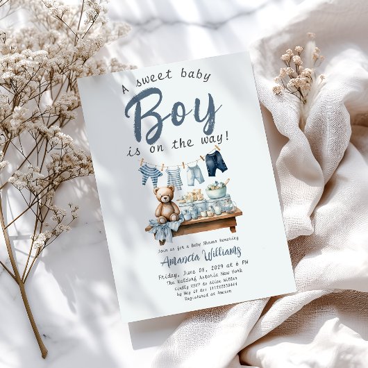 Boho Clothesline Sweet Blue Boy Baby shower Kaart