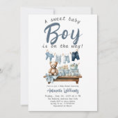 Boho Clothesline Sweet Blue Boy Baby shower Kaart (Voorkant)