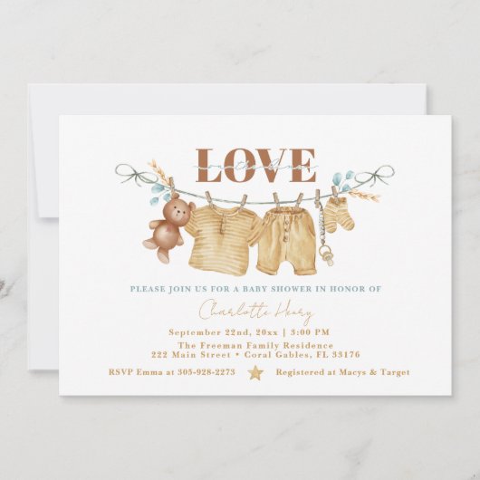 Boho Clothesline Waterverf Baby shower Uitnodigen Kaart (Voorkant)