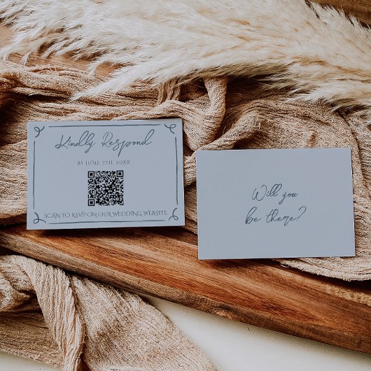 Boho Cool Marina Blue Frame QR Code Wedding RSVP Kaartje