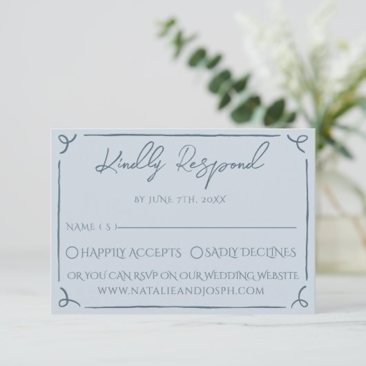 Boho Cool Marina Blue Frame Whimsy Wedding RSVP (Staand voorkant)