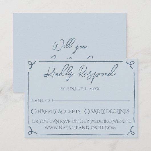 Boho Cool Marina Blue Frame Whimsy Wedding RSVP (Voorkant / Achterkant)