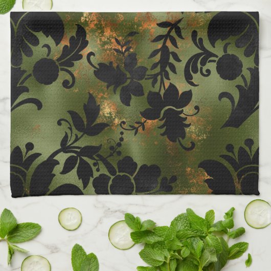 Boho Copper Black Green Floral Theedoek (Gevouwen)