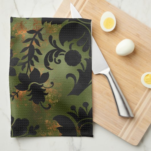 Boho Copper Black Green Floral Theedoek (Quarter Fold)