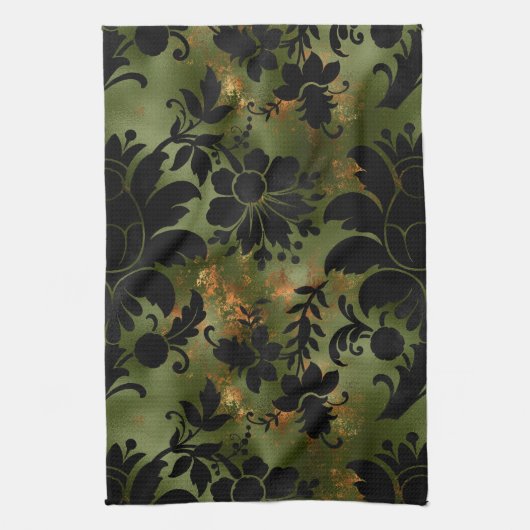 Boho Copper Black Green Floral Theedoek (Verticaal)