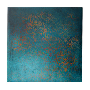 Boho Copper Blue Damask Grunge Tegeltje