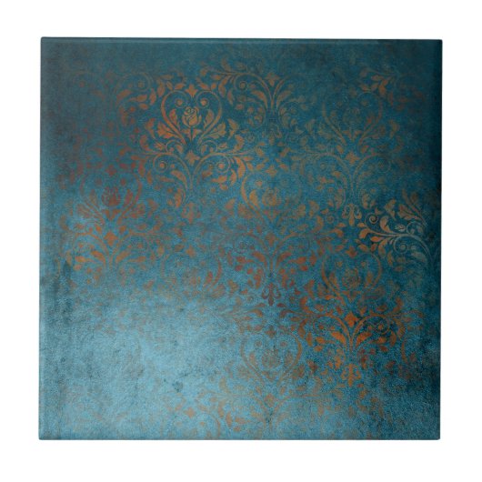Boho Copper Blue Damask Grunge Tegeltje (Voorkant)