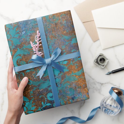 Boho Copper Blue Floral Damask Grunge Cadeaupapier (Geschenken)