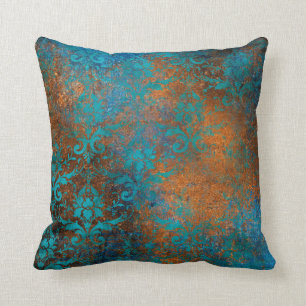Boho Copper Blue Floral Damask Grunge Kussen