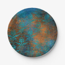 Boho Copper Blue Floral Damask Grunge