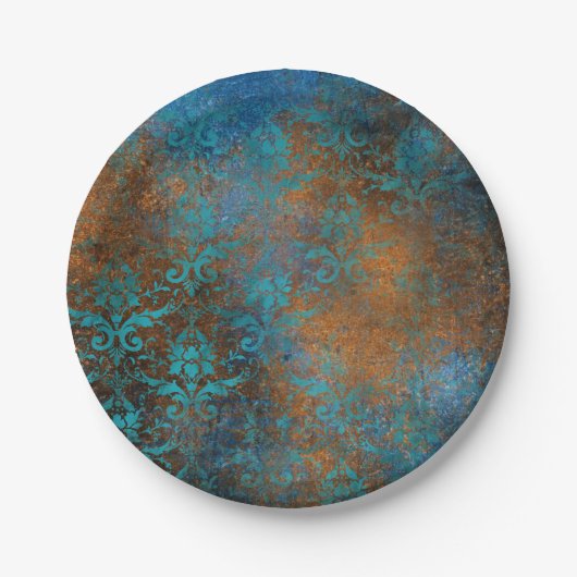 Boho Copper Blue Floral Damask Grunge Papieren Bordje (Voorkant)