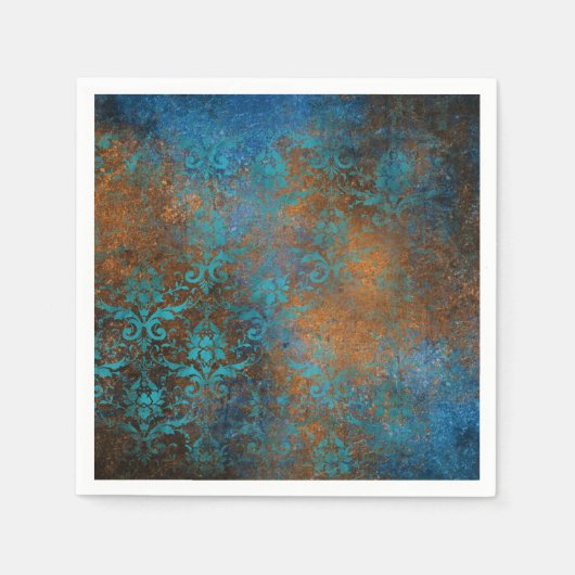 Boho Copper Blue Floral Damask Grunge Servet (Voorkant)