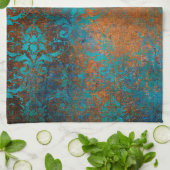 Boho Copper Blue Floral Damask Grunge Theedoek (Gevouwen)