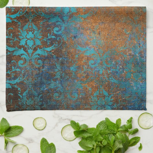 Boho Copper Blue Floral Damask Grunge Theedoek (Gevouwen)