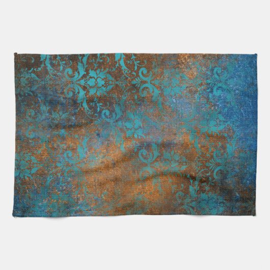 Boho Copper Blue Floral Damask Grunge Theedoek (Horizontaal)