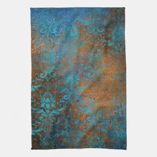 Boho Copper Blue Floral Damask Grunge Theedoek (Verticaal)