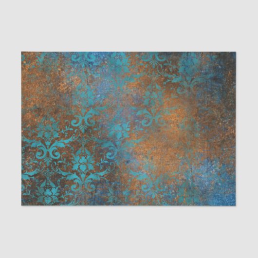 Boho Copper Blue Floral Damask Grunge Tissuepapier (Voorkant)