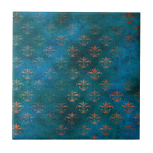Boho Copper Blue Grunge Heraldic Floral Tegeltje
