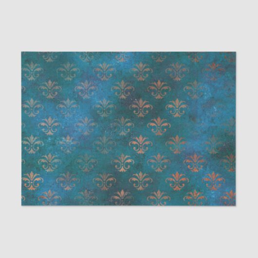Boho Copper Blue Grunge Heraldic Floral Tissuepapier (Voorkant)